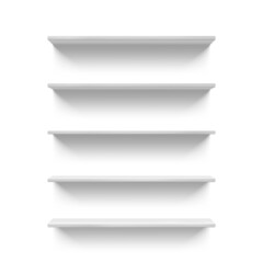 Realistic empty white store or shop shelves for books. 3D retail wall shelf display front view. Supermarket storage racks vector mock up.