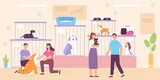 Fototapeta Młodzieżowe - Flat happy people adopting homeless dogs from shelter. Pet shop or adoption center interior with cell cages, dogs and owners vector concept