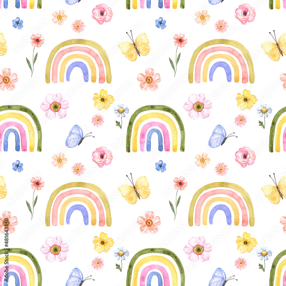 Cute watercolor rainbows and small spring flowers seamless pattern ...