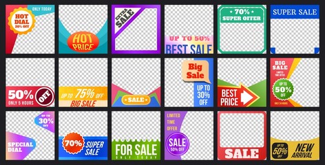 Poster - Social media sale post template with discount stickers. Product promotion square frames for social network ads. Web promo offer vector set