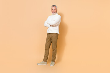 Full length body size view of attractive cheery content grey-haired man folded arms isolated over beige pastel color background