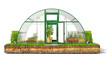 Front view on a greenhouse on a piece of ground, isolated on white background, 3d illustration