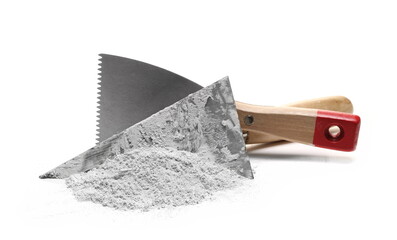 Poster - Cement pile and trowel isolated on white  