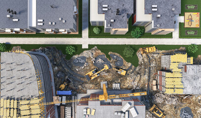 Wall Mural - Residential buildings construction with half finished houses top view. 3d illustration