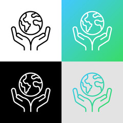 Save planet. Hands holding planet Earth. Environmental economics, social responsibility for nature. Thin line icon. Vector illustration.