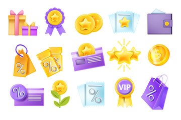 3D sale vector icon set, discount coupon voucher, loyalty program bonus coin, bank card, wallet. Shopping offer badge, VIP customer present, finance sticker collection. 3D sale object on white