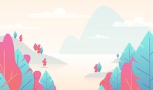 Flat Minimal Landscape. Mountain Nature Scene With Trees And Lake. Fall Panorama With Pond. Minimalist Fantasy Vector Background