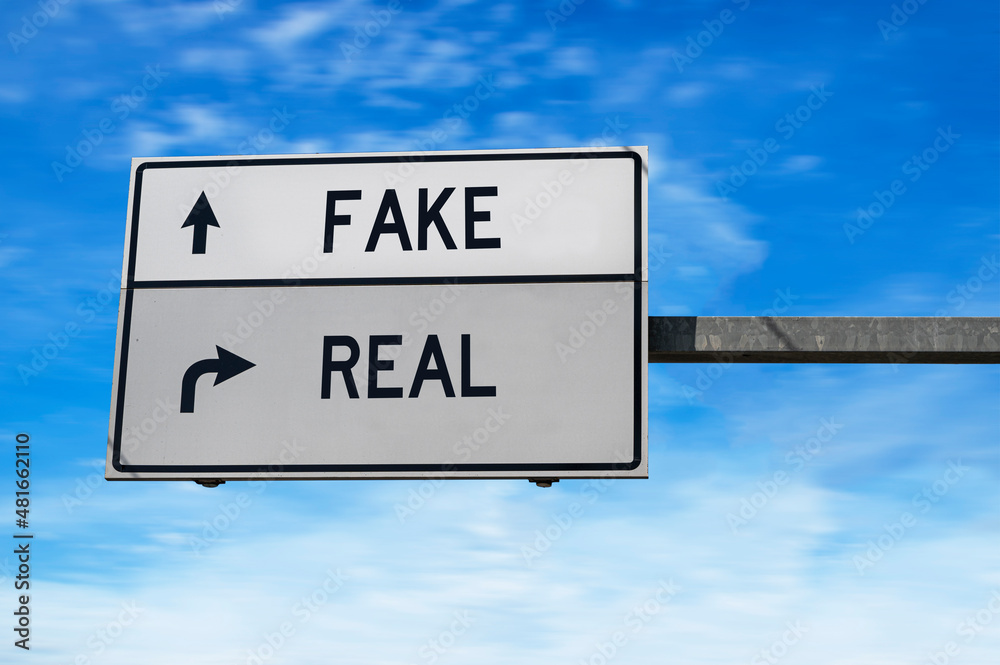 Fake Sign Posts Road sign with words fake and real. White two street signs with arrow ...