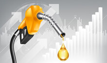 Oil Price Rising Concept Gasoline Yellow Fuel Pump Nozzle Isolated With Drop Oil On Growth Bar Chart Background, Vector Illustration