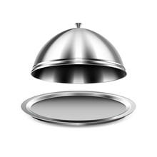 Restaurant Cloche Food Plate. Metal Tray Dish. Silver Platter Cover Cap 3d Realistic Vector