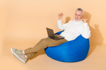 Canvas Print - Portrait of handsome trendy cheery lucky man using laptop rejoicing isolated on beige pastel color background