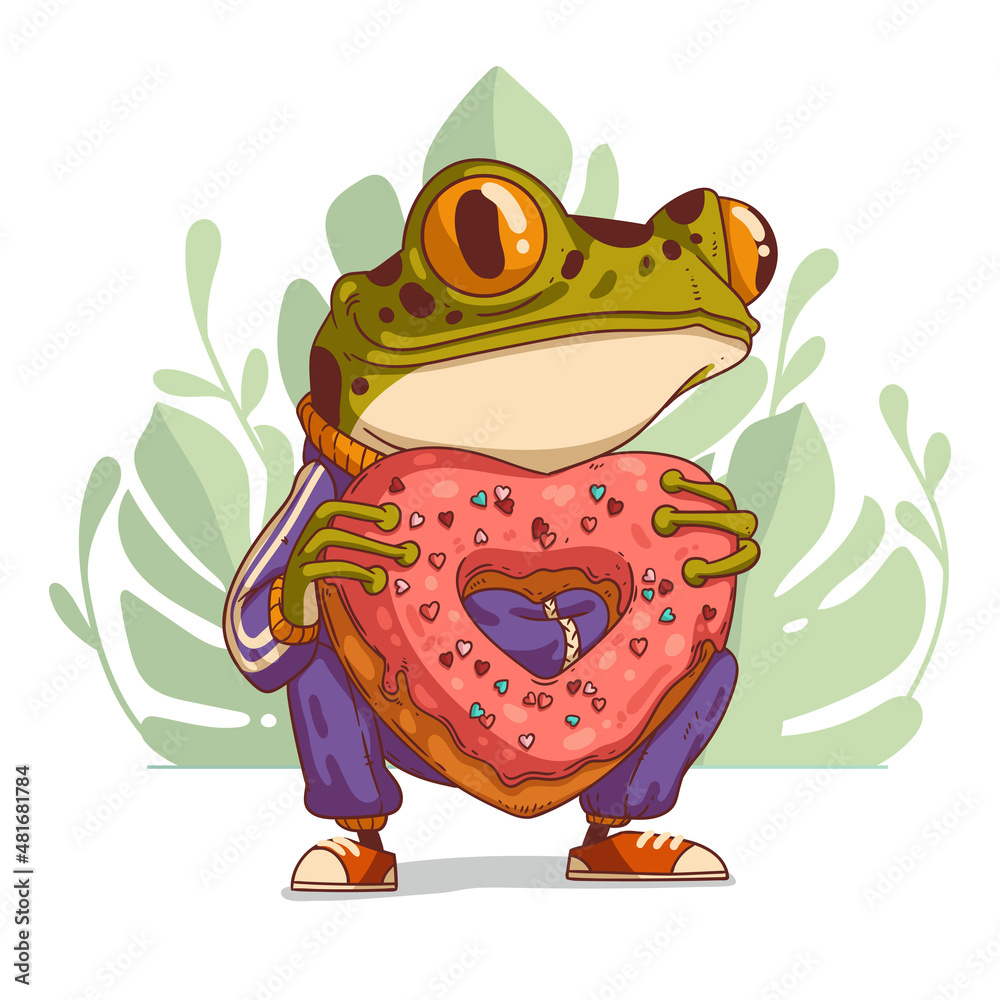 Humanized frog holding a heart-shape donut. Anthropomorphic frog. Love symbol. Vector illustration. Valentine's day greeting card, poster, banner, social media post. Animal character with human body