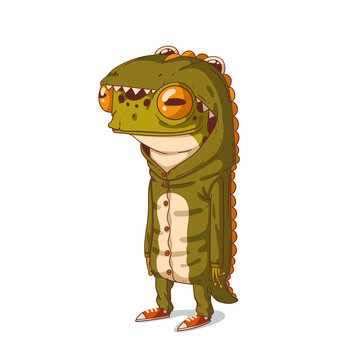 A frog dressed as a dinosaur, isolated vector illustration. Standing humanized frog in a dinosaur costume. Calm anthropomorphic frog, wearing a dinosaur pajama. Animal character with human body.