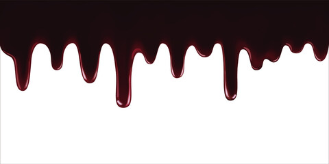 Realistic vector illustration of melted chocolate syrup leaking isolated on white background. Flows of liquid chocolate.