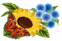 Vector Illustration With Flowers And Butterfly.Bright Butterfly, Sunflower And Blue Flowers On A Transparent Background In Color Vector Illustration.