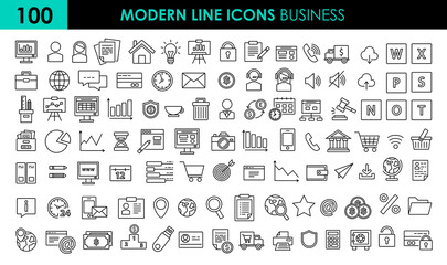 Aufkleber - Set 100 modern vector line Icon of Business and Finance. Icons as business people, idea, diagram, basket, global, presentation, goal, work. Outline icons collection. 