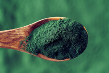 Spirulina Bluegreen Algae Powder On A Spoon