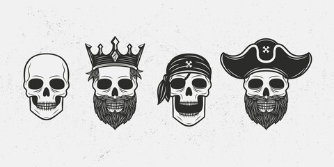 Wall Mural - Collection of 4 skull characters isolated on white background. Skeleton king, pirate captain and corsair. Elements for logo, emblem, label, poster design. Vector illustration