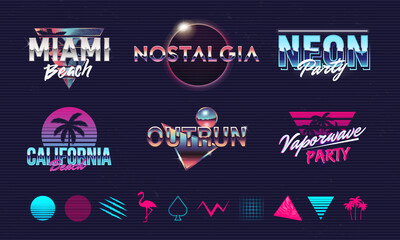 Wall Mural - retro 80s logo design. 6 retro futuristic logo and 10 retrowave elements. vaporwave, neon emblems. t