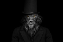 Man In The Form Of A Lion , The Lion Person , Animal Face Isolated Black White	