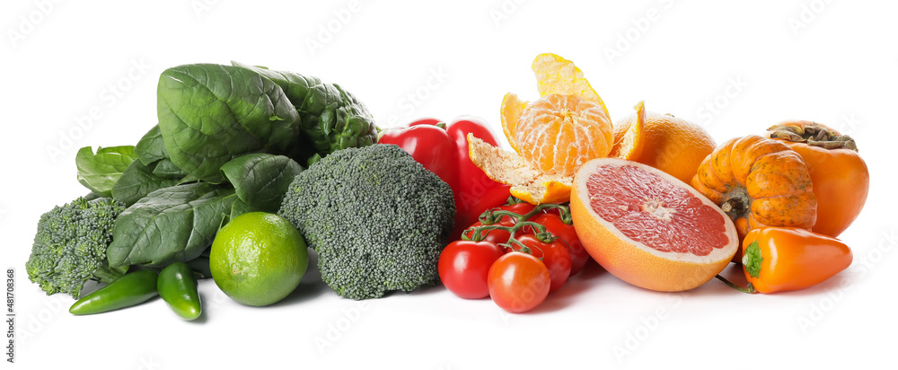 Different healthy products on white background