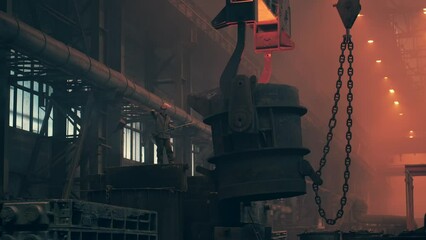 Wall Mural - Metallurgy plant interior. Foundry worker on big mold for iron cast. Heavy industry. Steel factory.
