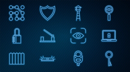 Set line Old key, Laptop and lock, Watch tower, Parking car barrier, Safe combination, Graphic password protection, Eye scan and Shield icon. Vector