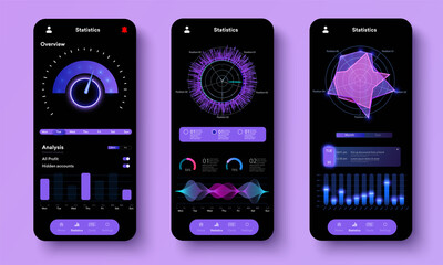 Leinwandbilder - Mobile app infographic template with modern design weekly and annual statistics graphs, UI,UX, admin. Screens with data analysis and statistics. Scales, graph charts, and diagrams. Blue neon app theme