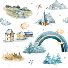 Watercolor Houses With Church, Balloons, Rainbow, Clouds, Forest, Moon And Mountains In Pastel Colors Seamless Pattern