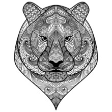 Ornamental Head Of Tiger Symbol Of New Year 2022 Black And White Concept. Patterned Cats Face. Painted Ethnic Ornament. Hand Drawn Doodle Style. Animal Design. Print For T-shirts