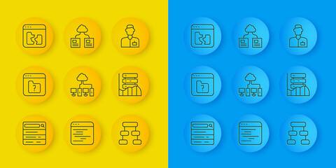 Poster - Set line Search engine, File missing, Computer network, Hierarchy organogram chart, Server, Data, Web Hosting, Broken file, Analyst engineer and Cloud technology data transfer icon. Vector