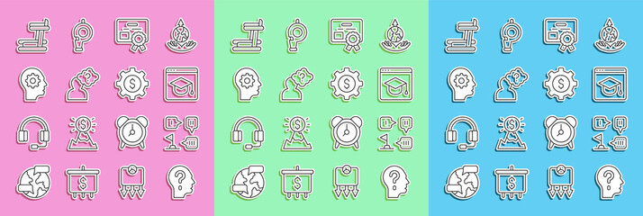 Wall Mural - Set line Head with question mark, Planning strategy, Online education, Certificate template, Human head gear inside, Treadmill machine and Gear dollar icon. Vector