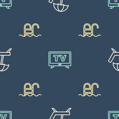 Canvas Print - Set line Sunbed with umbrella, Swimming pool and Smart Tv on seamless pattern. Vector