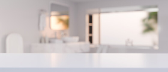 Luxury white tabletop over blurred modern luxury bathroom interior in the background