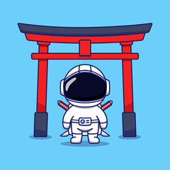 Wall Mural - Cute astronaut carrying swords in front of torii gate