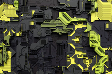 Fototapete - 3d illustration close-up of a military technological upholstery made of metal, a pattern in the form of a metal, technological coating of a spacecraft or robot