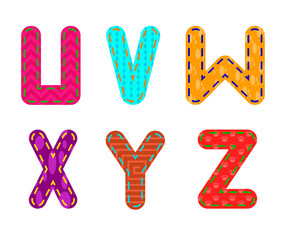 children's alphabet in flat design. embroidered letters u, v, w, x, y, z on an isolated white backgr