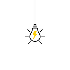 Hanging light bulb with flash icon isolated on white background