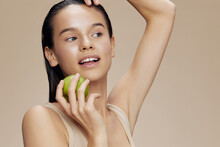 Beautiful Woman Green Apple Near Face Health Beige Background