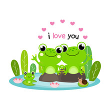 Valentines Day Greeting Card. Cute Couple Frogs Fall In Love.