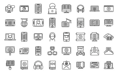 Poster - Distance education icons set outline vector. Online home class