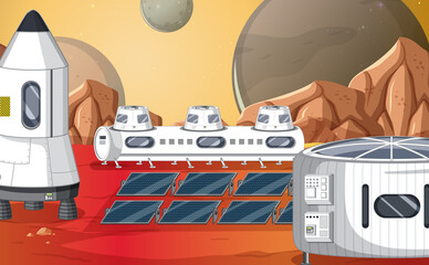 Wall Mural - landscape of planet surface with colony buildings
