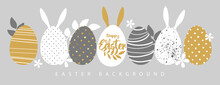 Holiday Easter Background With Easter Eggs And Flowers. Greeting Card Or Poster. Vector Illustration