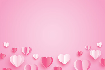 Poster - happy valentines day with paper hearts and copy space on pink background.