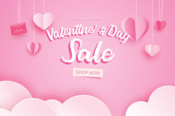 Poster - valentines day sale banner template with heart hanging on pink pastel background.