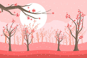 Wall Mural - happy valentine's day, with shades of cherry blossoms in spring and falling snow make your romantic 