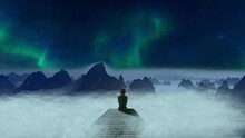 A Girl Sitting And Watching Aurora Borealis On A Mountain Above Moving Clouds