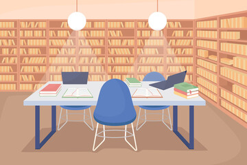 Poster - School library space flat color vector illustration. College room with bookcases. Desk for reading. Educational space for studying with books 2D cartoon interior with bookshelves row on background
