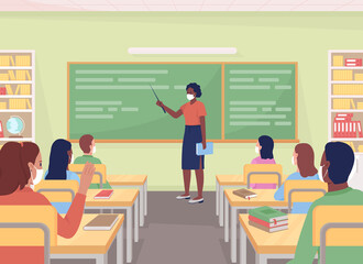 Teaching class flat color vector illustration. Educator in mask explaining lesson to pupils. Teacher with students listening to lecture 2D cartoon characters with chalkboard on background