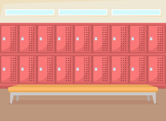 Poster - Row of school lockers flat color vector illustration. Corridor with benches. Closet space for gym class. Tidy wardrobe area 2D cartoon interior with closed storage shelves on background